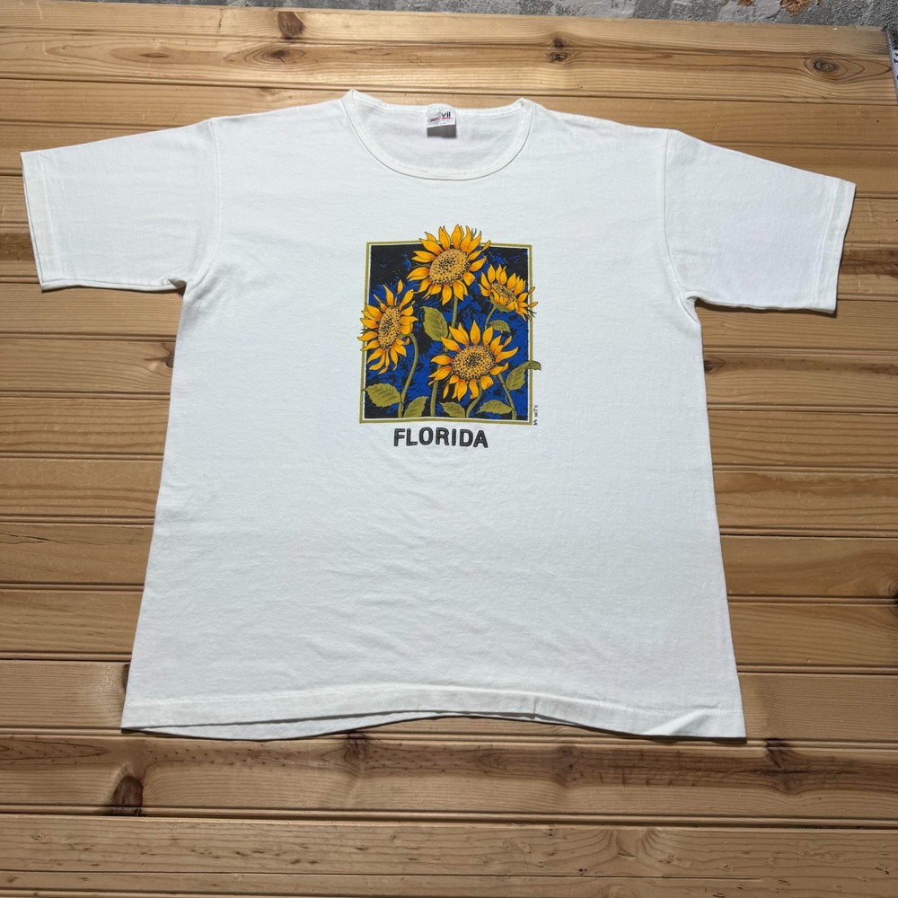 Vintage 1993 Florida Sunflower Floral Nature Art Graphic T-Shirt USA Size Large