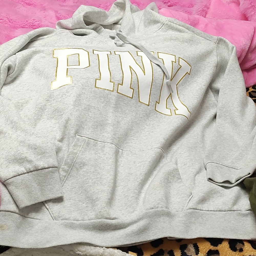 PINK Victoria's Secret Pullover Hoodie Sweatshirt Gray Logo Women M