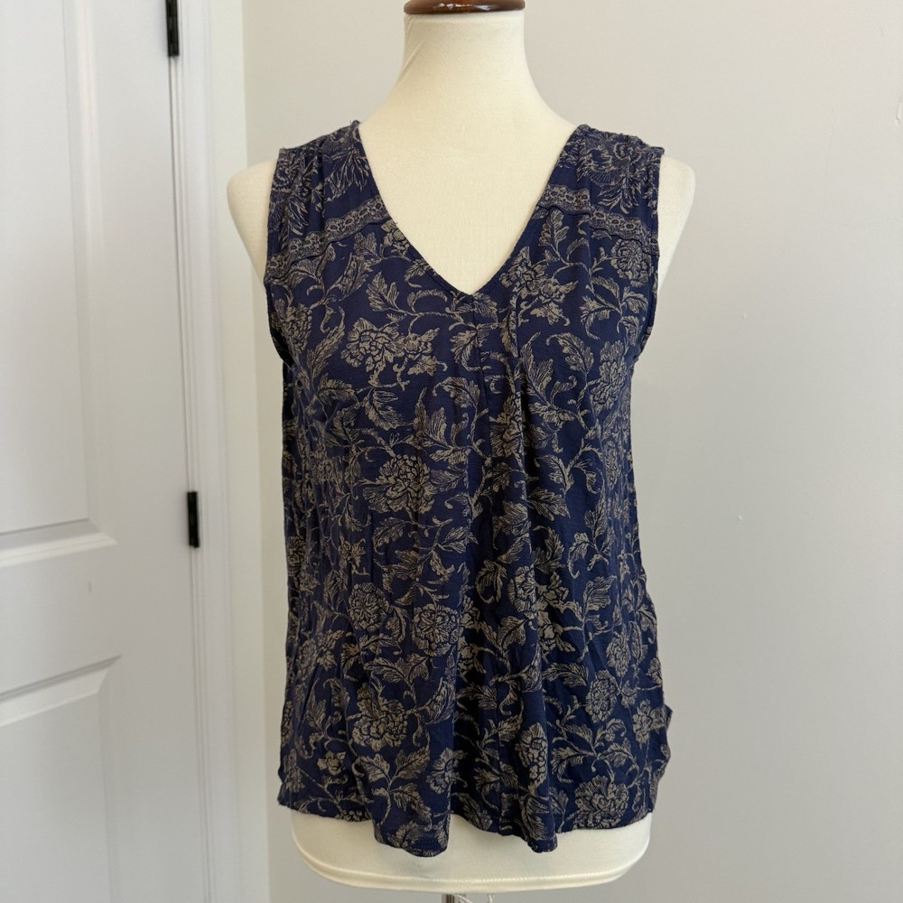 Lucky Brand Sleeveless Blouse Womens Medium Blue Floral Sheer Boho Flowy