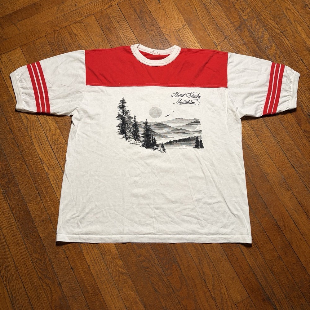 Vintage 80s Smoky Mountains Nature Ringer T-Shirt Men Size 2XL Retro Classic Red