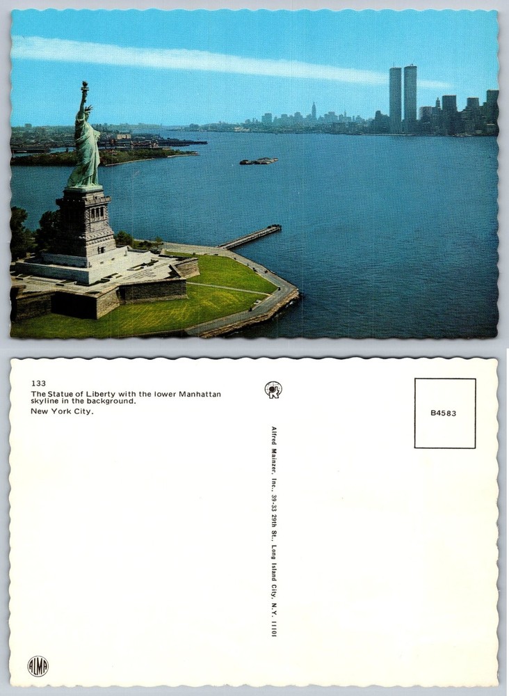 Statue of Liberty New York City WTC Twin Towers Skyline Postcard Alfred Mainzer