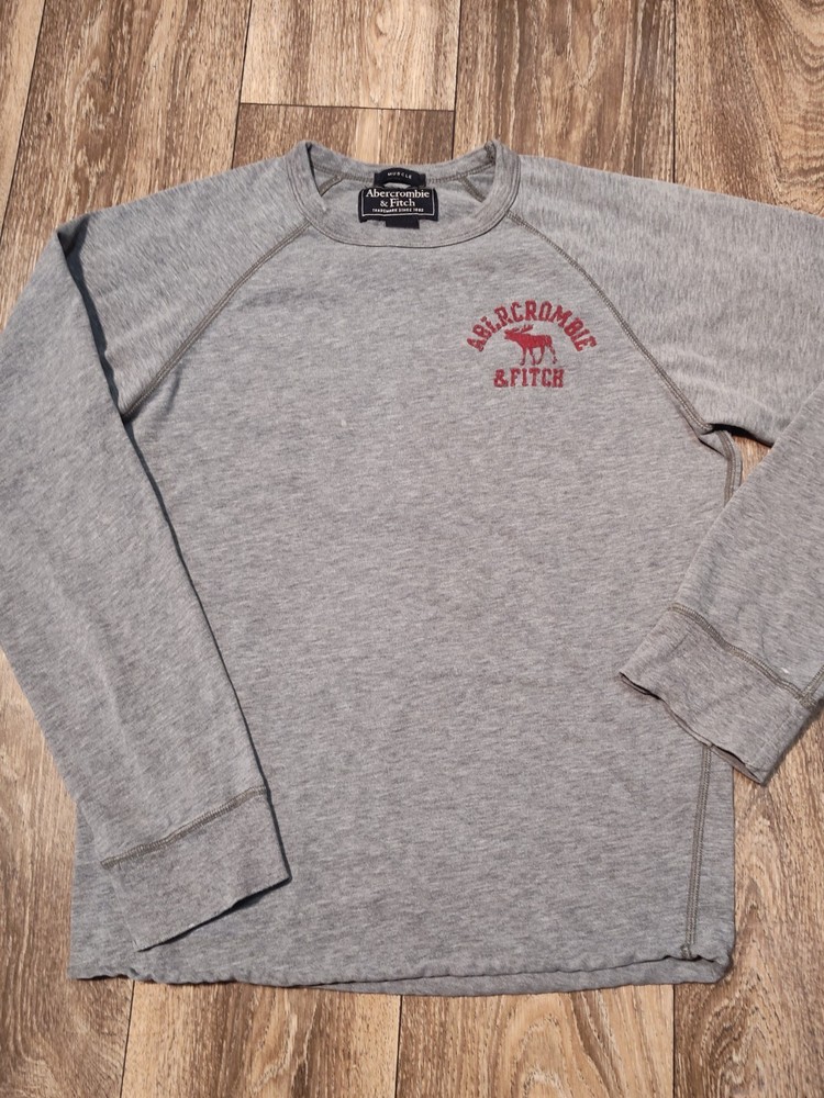 Mens Abercrombie Fitch Long Sleeve Shirt Muscle Size S Gray Red Distressed Look!