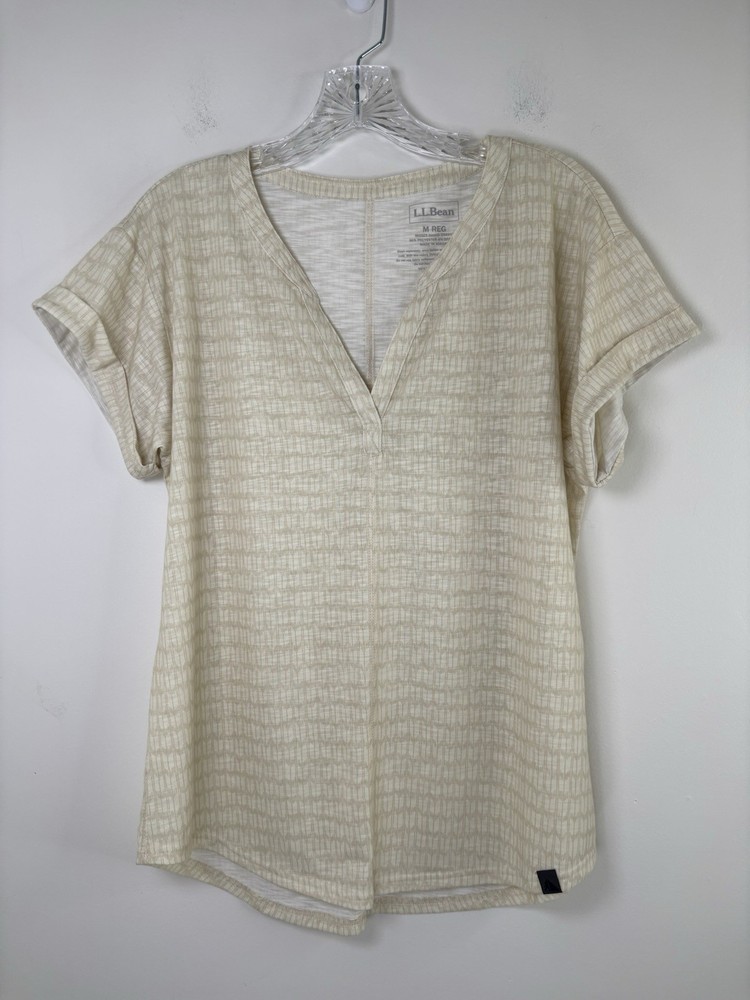 Ll Bean Top Tunic Medium Women’s Beige Striped Cuffed Short Sleeve V-Neck