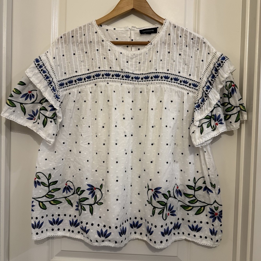 Calligraphie boho beach travel White top Blue Green florals pintuck estimated L