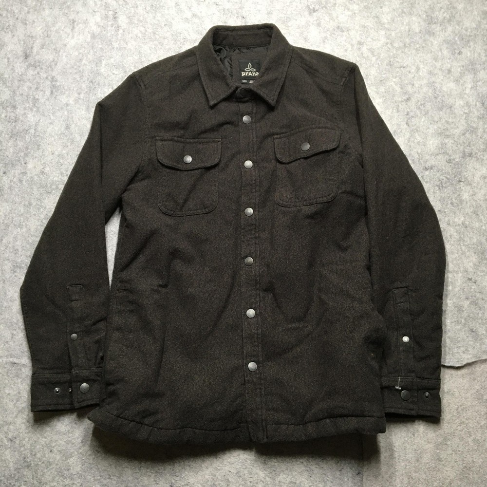 PrAna Jacket Mens Medium M Gray Organic Cotton Quilted Shirt Shacket Snap Front