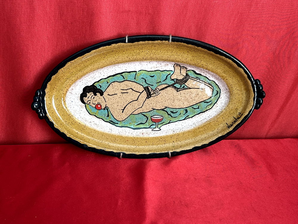 ANA VARELA Signed Stoneware Platter Tray Bound Nude Man Apple In Mouth Wine 2012