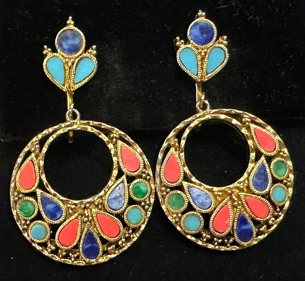 Signed ART Vtg Inlay Stone Dangle Gold Tone Clip-on Earrings Jewelry Lot I