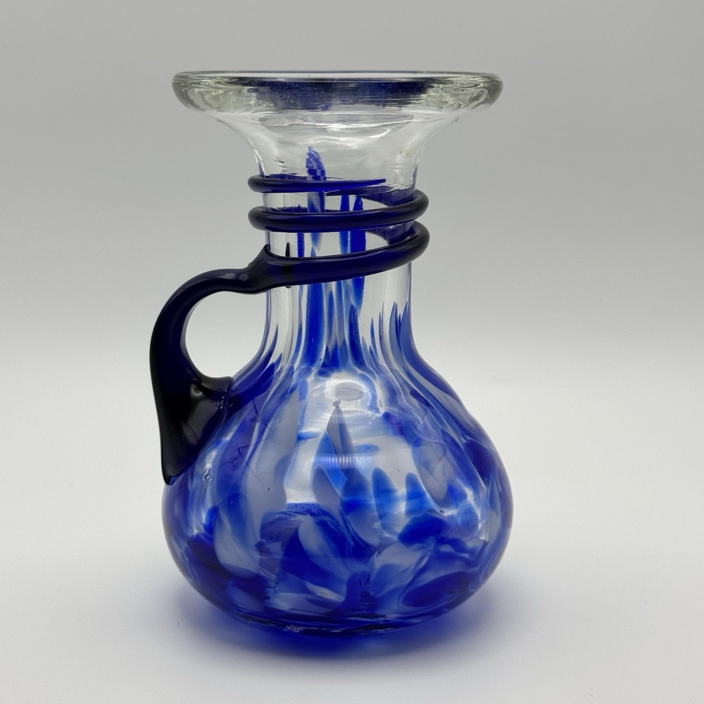 Art Glass Vase Cobalt Blue & Clear Glass with Dark Blue Applied Spiral & Handle