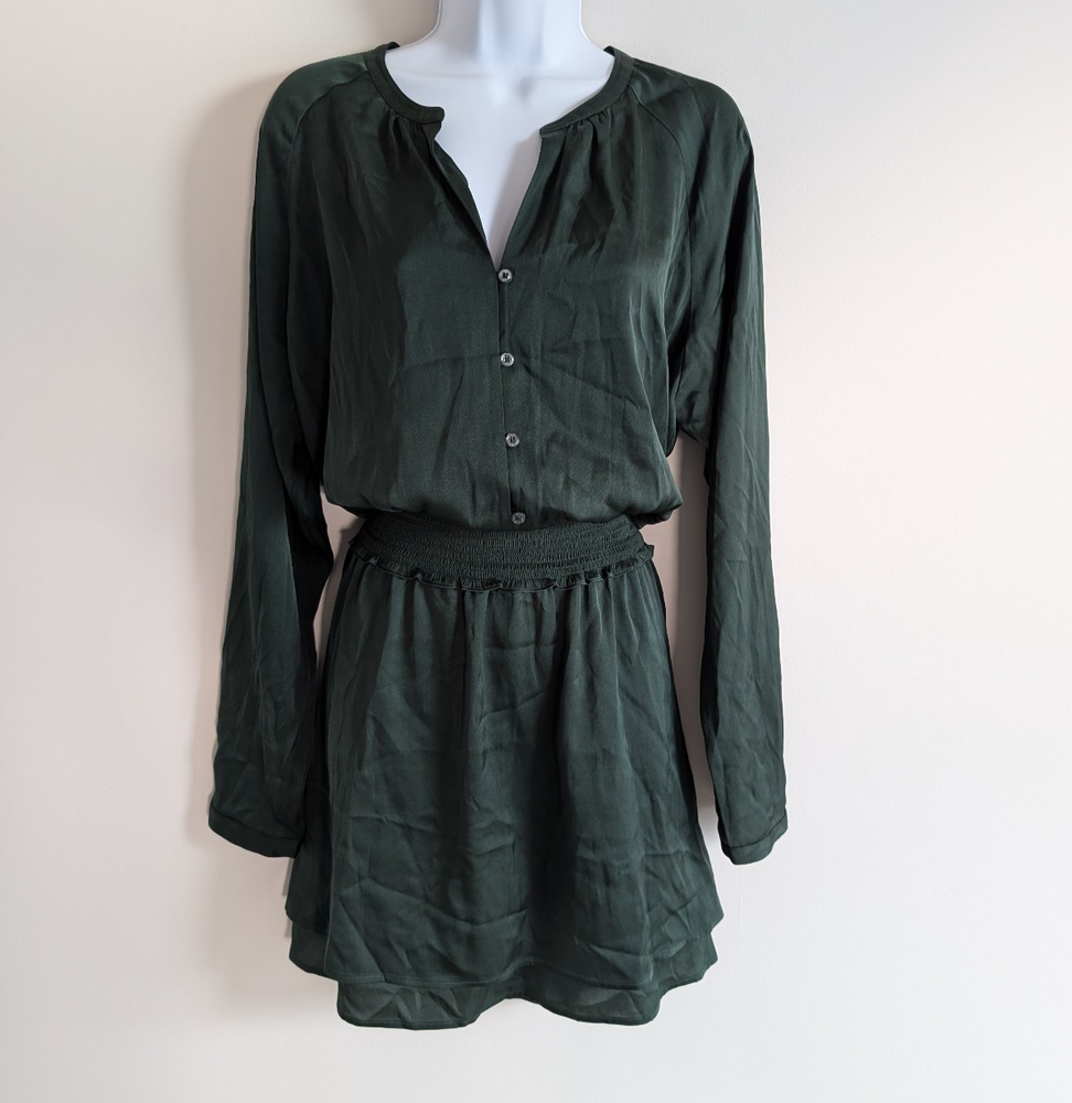 Quince Washable Silk Dress Womens Large Green Smocked Waist Timeless Classic