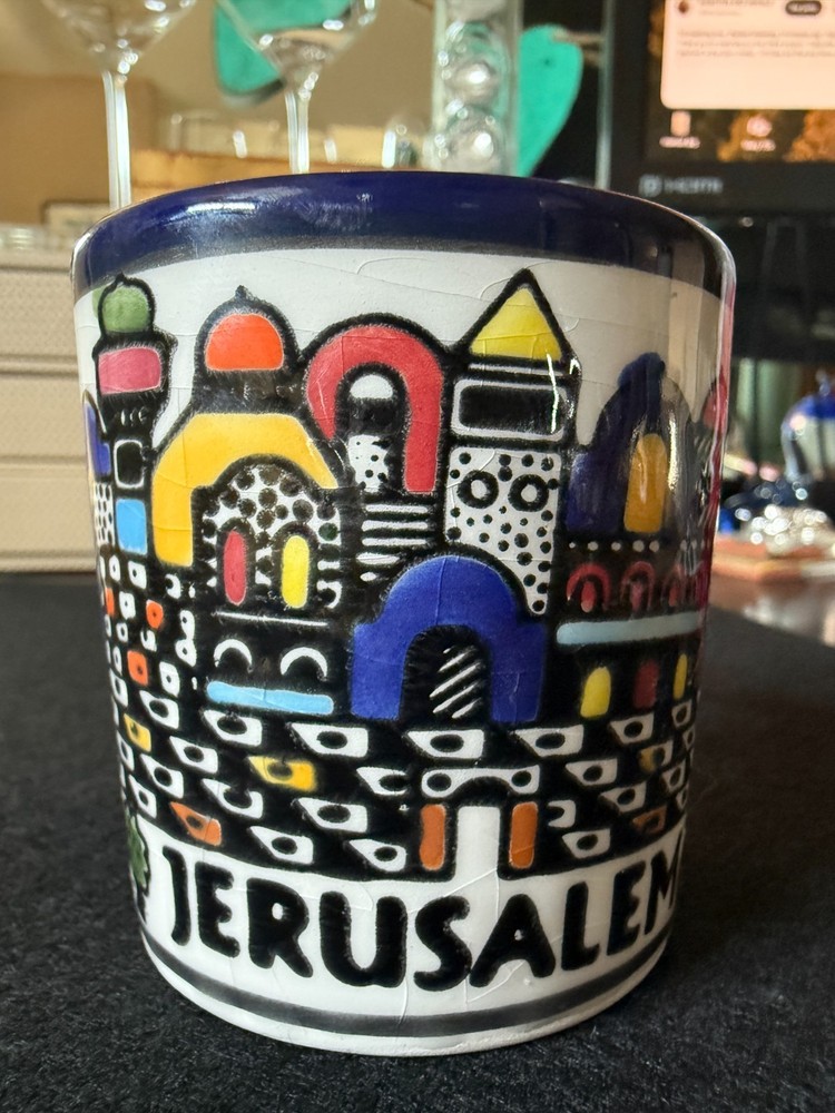 Vintage Jerusalem Coffee Tea Cup Mug Bright Israel Skyline Ceramic Hand Painted