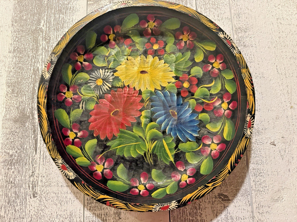Vintage Hand-Painted Floral Wooden Decorative Bowl