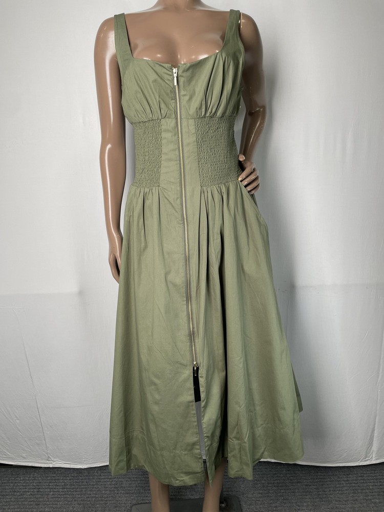 Anthropologie Womens Midi Shirt Dress Green Size S Sleeveless Smocked Front Zip