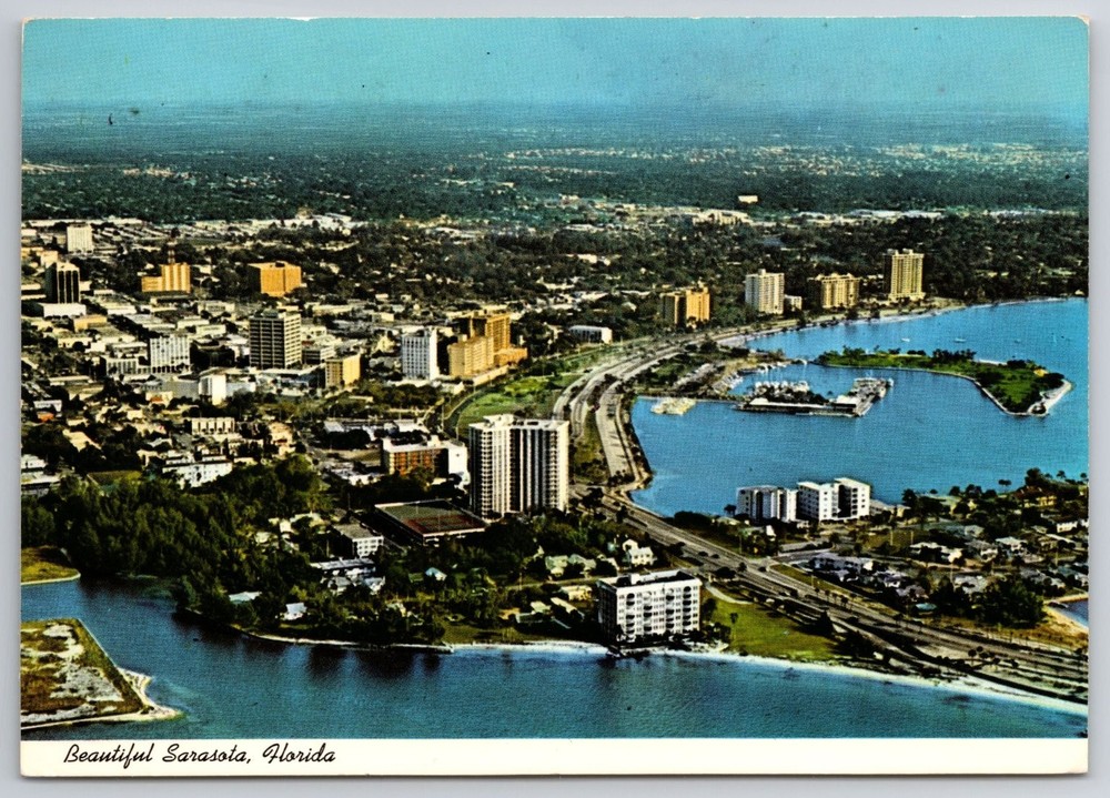 Sarasota FL Aerial View Curteichcolor Postcard Bay Front Drive Florida