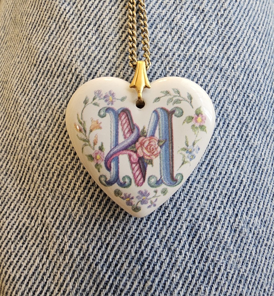 Vintage Ceramic Porcelain Heart Pendant Necklace Floral Letter Initial M Cottage