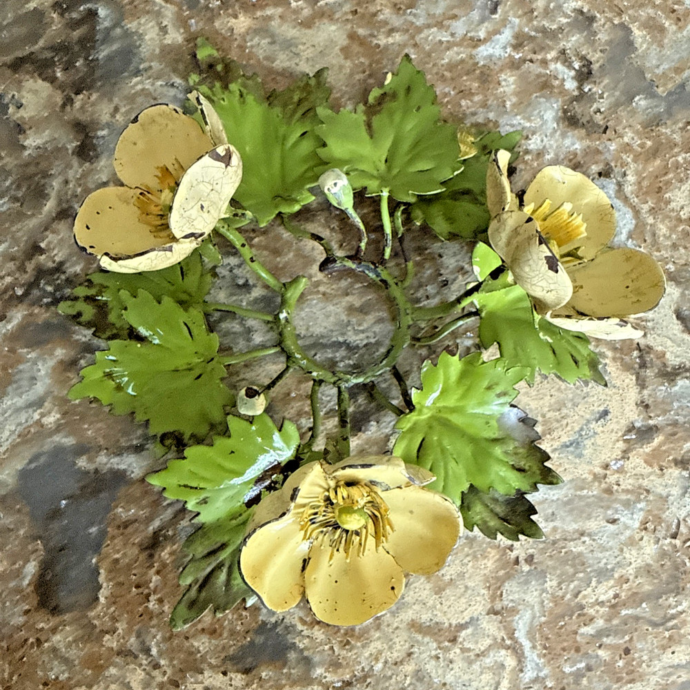 Vintage Toleware Metal Flower Candle Ring Italy MCM Shabby Chic Cottage Cozy