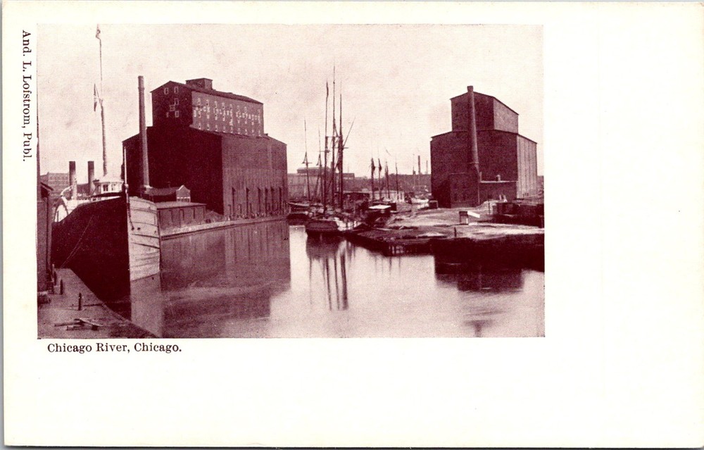 Dr Jim Stamps Postcard Chicago River Chicago Warehouses Boats Docked Undivided