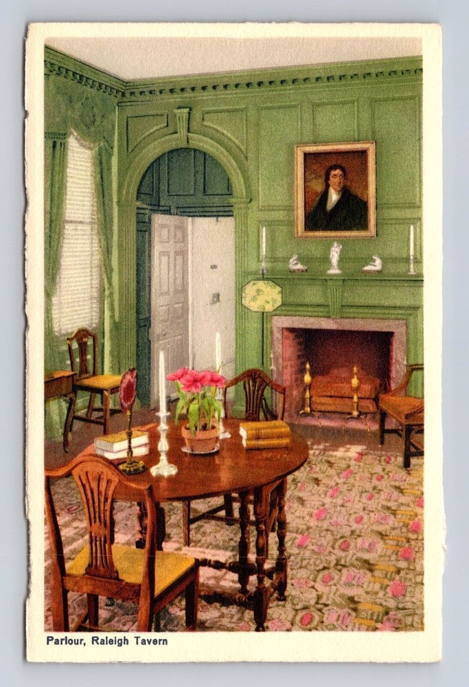 Williamsburg VA-Virginia, Parlour, Raleigh Tavern, Antique, Vintage Postcard