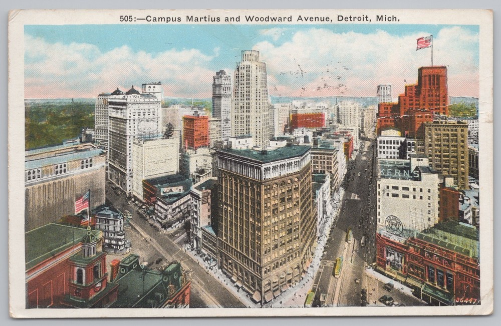 State View~Detroit Michigan~Campus Maritius & Woodward Avenue~Vintage Postcard
