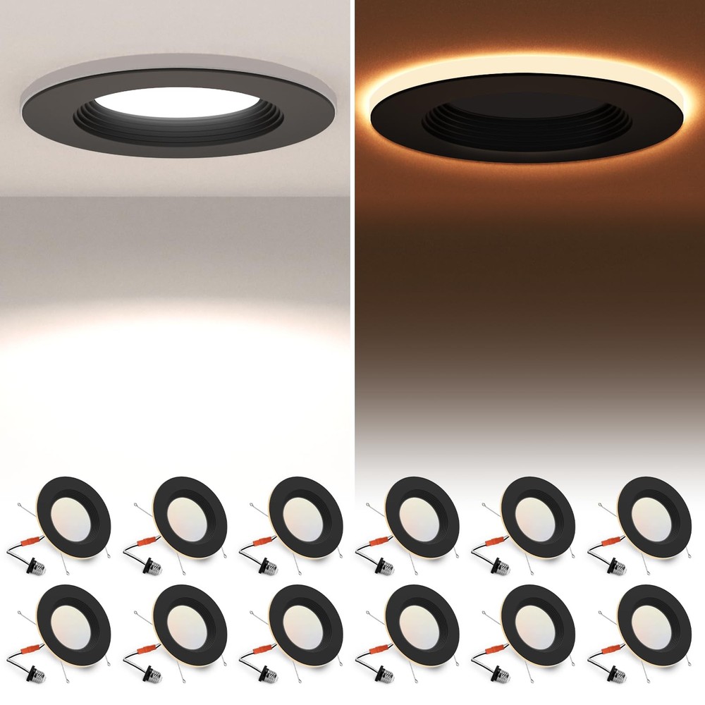 12 Pack Black 5/6 Inch LED Can Lights with Night Light, 5CCT Retrofit Recessed L