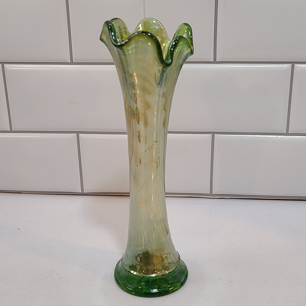 Vintage Carnival Glass Iridescent Green Gold 6 Point Ribbed Swung Vase 8.5 In
