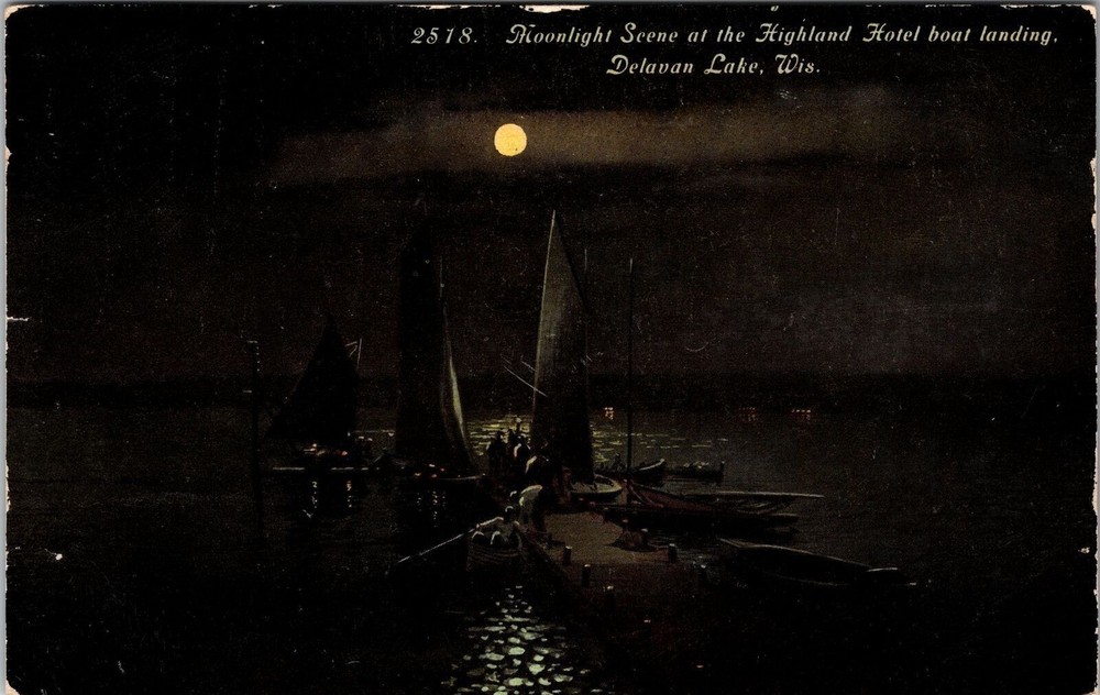 Delavan Lake WI-Wisconsin Highland Hotel Boat Landing at Night Vintage Postcard