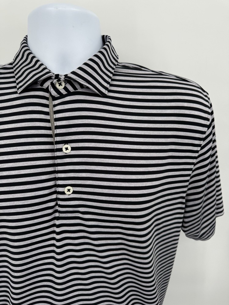 Johnnie-O Men's Medium Golf Polo Stretch Shirt Gray Striped Button Short Sleeve