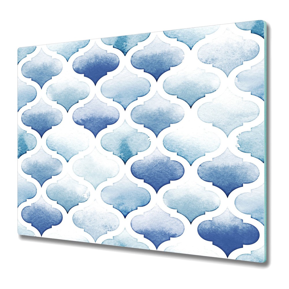 Glass Kitchen Chopping Board Worktop Saver Moroccan Geometric Blue 60x52