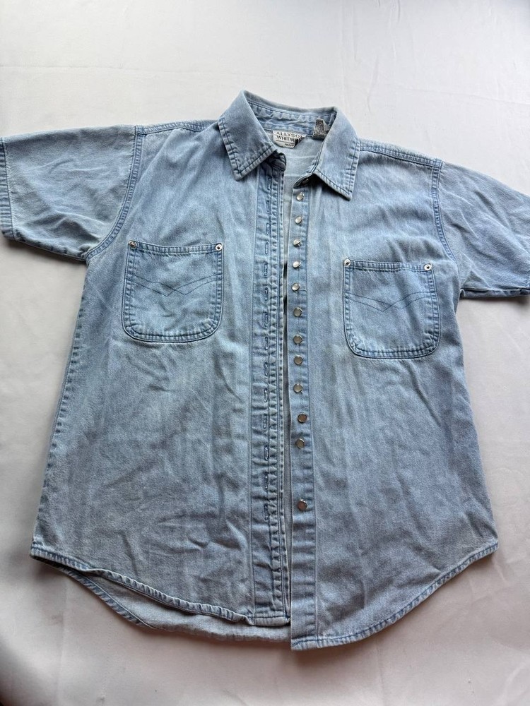 Allyson Whitmore Shirt Womens Small Petite Blue Denim Button Up Short Sleeve