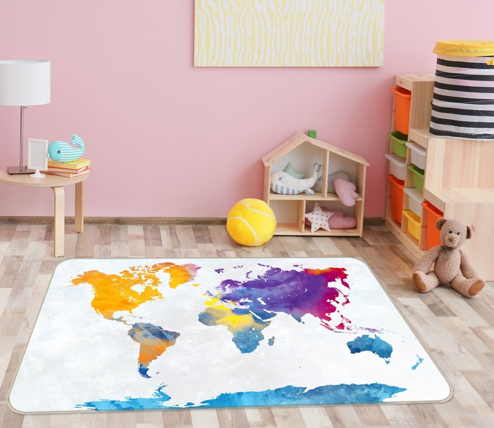 3D Bright Colors Non-Slip Rug Mat with Elegant World Map Design 332BNO