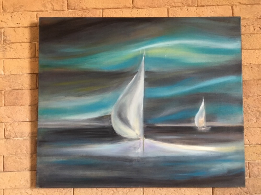 Abstract Blue Waves Oil Acrylic Painting Featuring a Sailboat with White Sails on a Windy Sea A Unique Artistic Gift Idea for Ocean Lovers-image