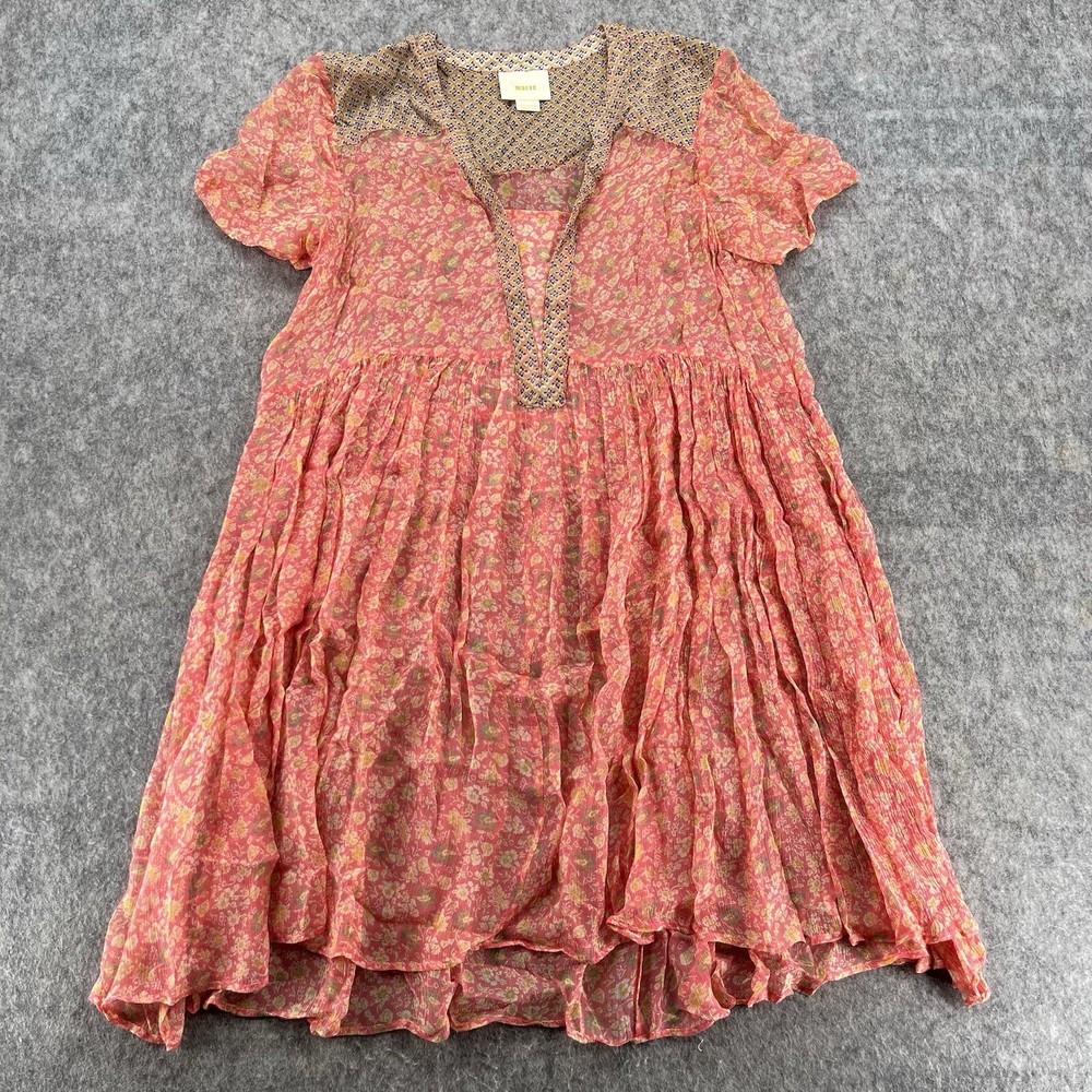 Maeve Anthropologie Womens Floral Morning Glory Sheer V-Cut Swing Dress Size 4