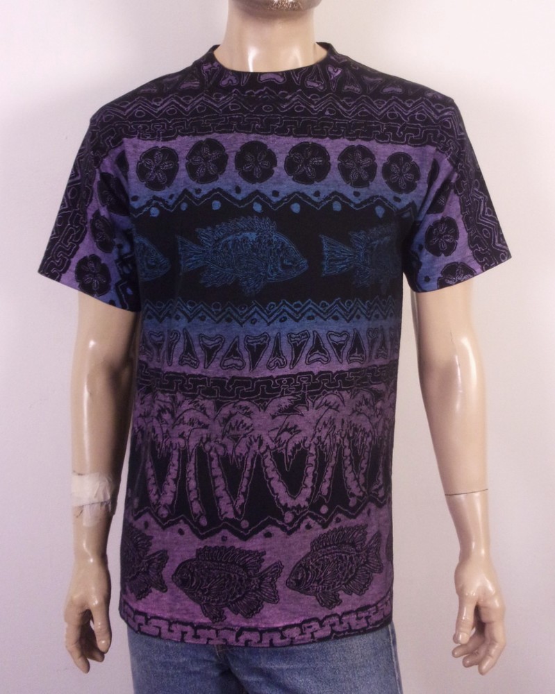 vintage 80s 90s Alore single stitch AOP All Over Print Fish T-Shirt Tribal sz L