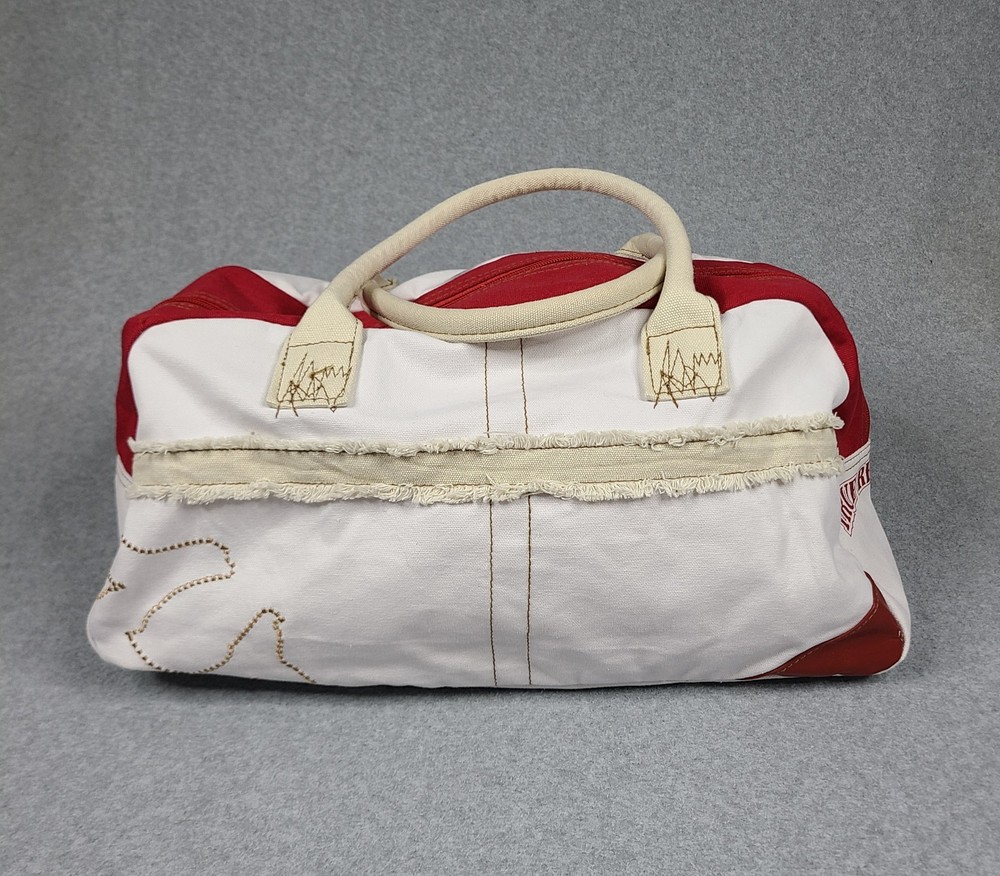 True Religion Red and White Canvas Overnight Bag Tote 16