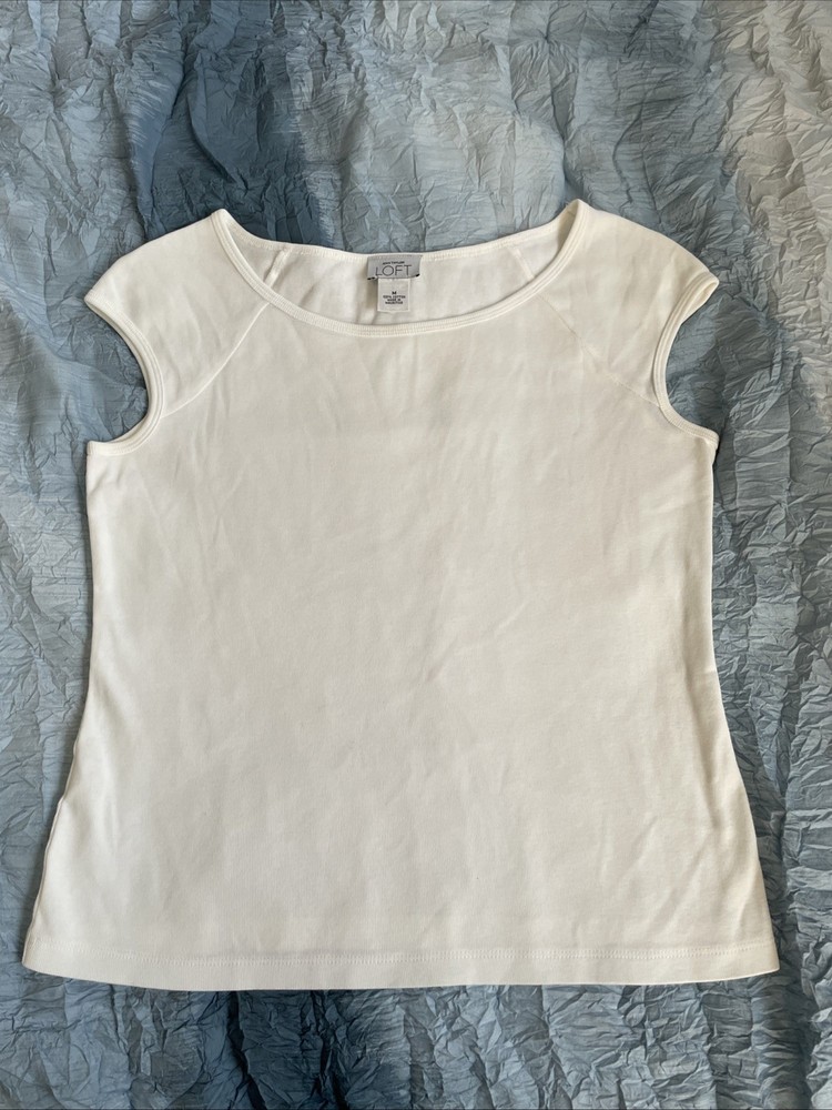 Y2K Ann Taylor LOFT White Cap Sleeve Knit Top Women’s Minimalist Baby Tee Medium