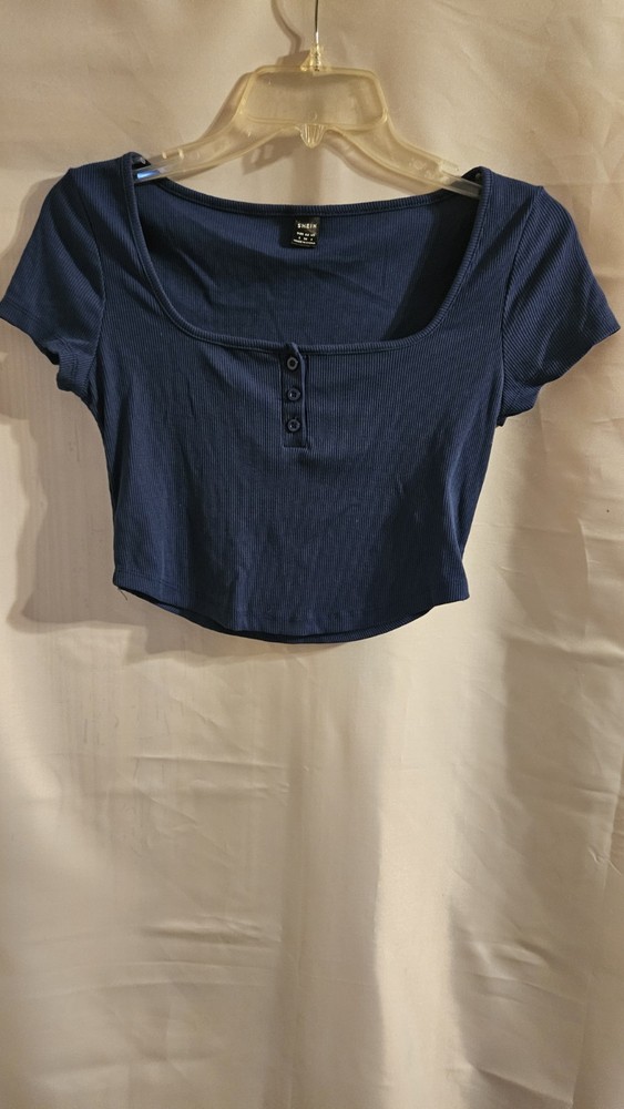 Womens Shein Size Small Blue Rib Knit Short Sleeve Cropped Top