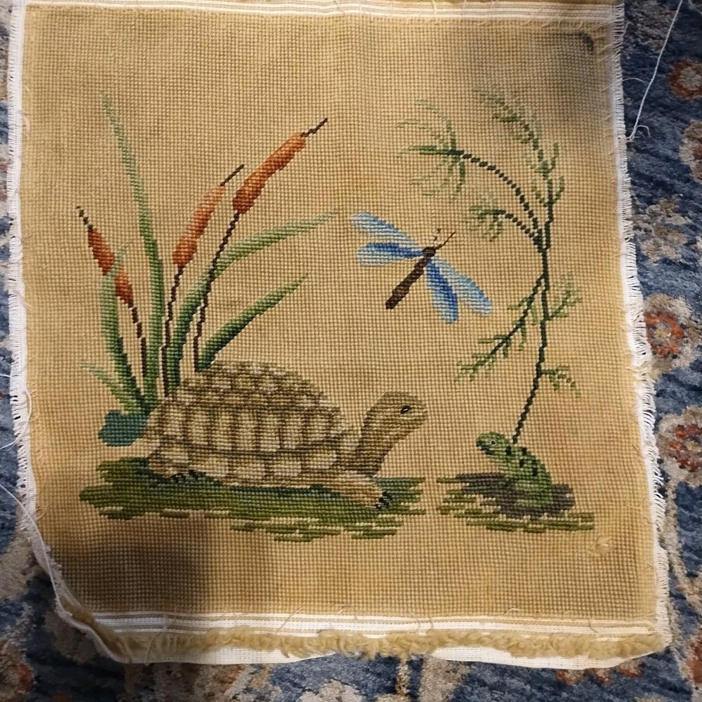 Vintage Needlepoint ~ Finished Turtle ~ Dragonfly ~ Frog