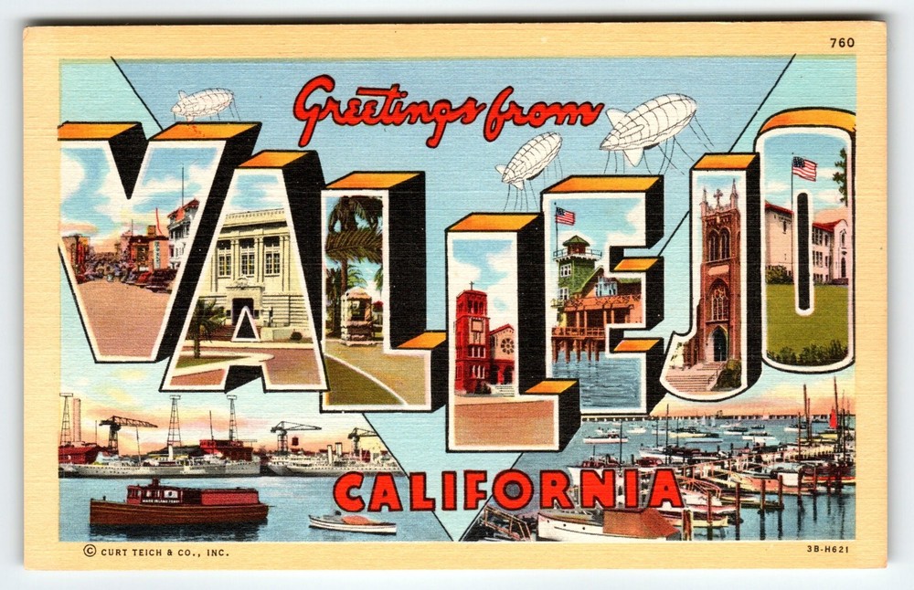 Greetings From Vallejo California 1940's Large Letter Linen Postcard Curt Teich