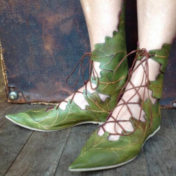 Women Hollow Flat Leaf Sandals Pointed Toe High Top Lace Up Boots