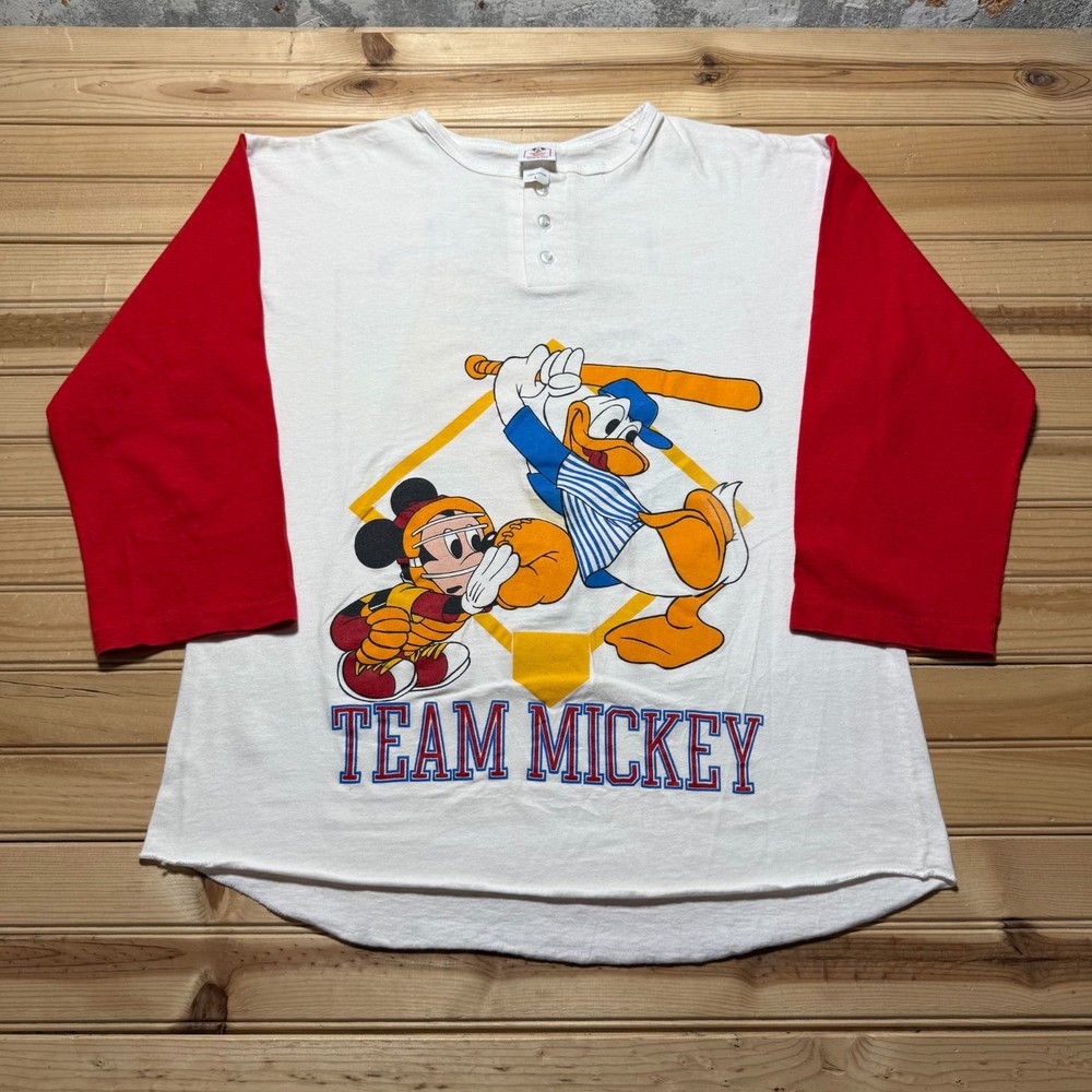 Vintage 90s Disney Team Mickey Donald Goofy Pluto Baseball Henley Shirt Large