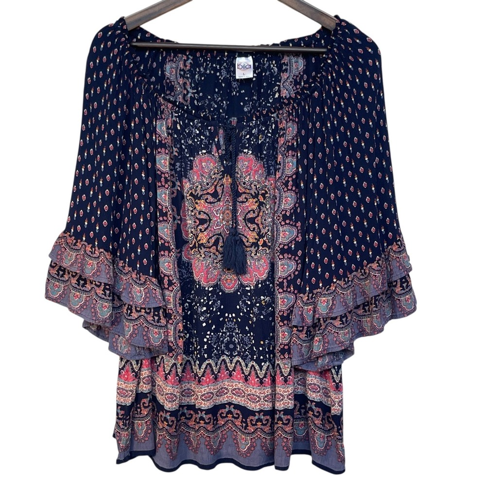Bila Navy Blue Medallion Paisley Boho Ruffle Bell Sleeve Blouse Top ZX924 L