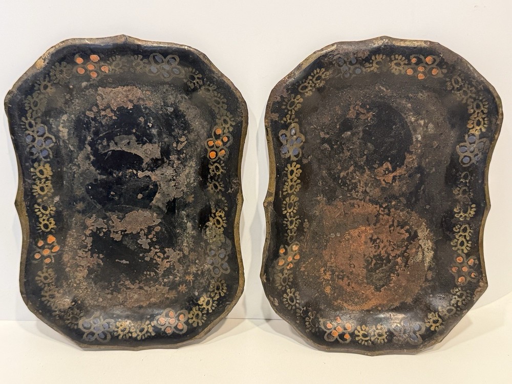 Antique Victorian Toleware Trays Hand Painted Black Floral Scalloped Pair Patina