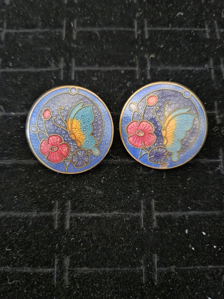 Vintage Cloisonne Earrings Butterfly & Flower Purple Circles Post