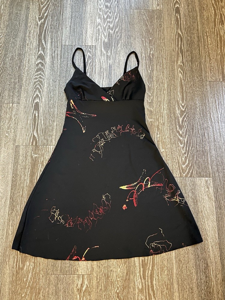 VTG Black Red Abstract Graphic Print V Neck Mini Dress Y2K Grunge Club-image