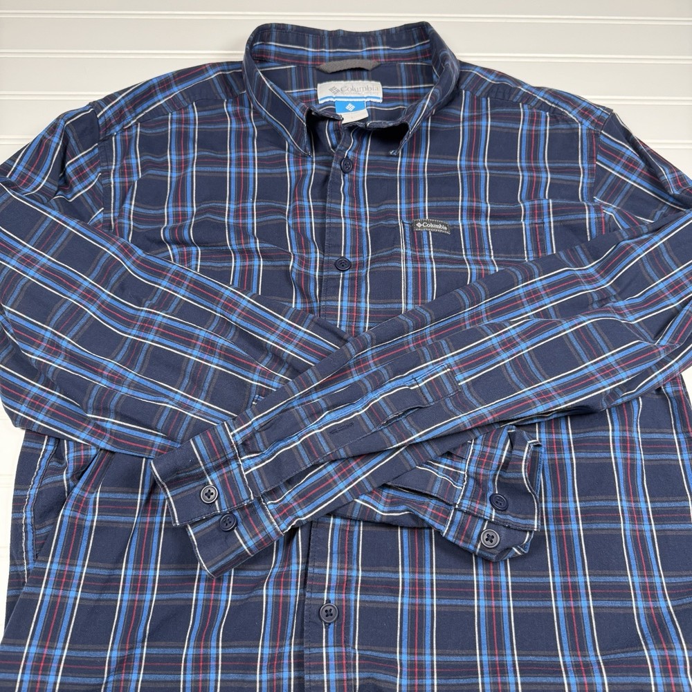 Columbia Sportswear Button Up Long Sleeve Shirt Men’s Large Plaid Blue Red GUC