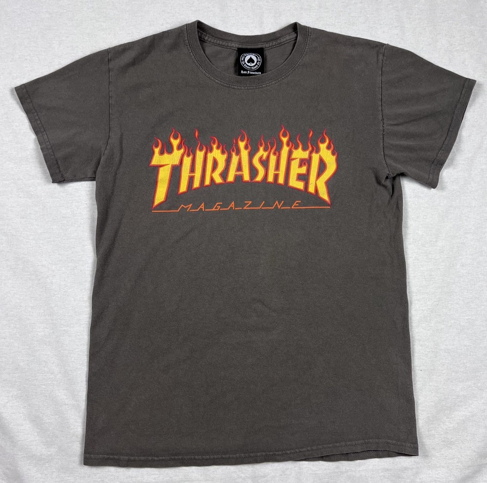 Thrasher Magazine FLAMES LOGO Skateboard T Shirt Gray Size Small