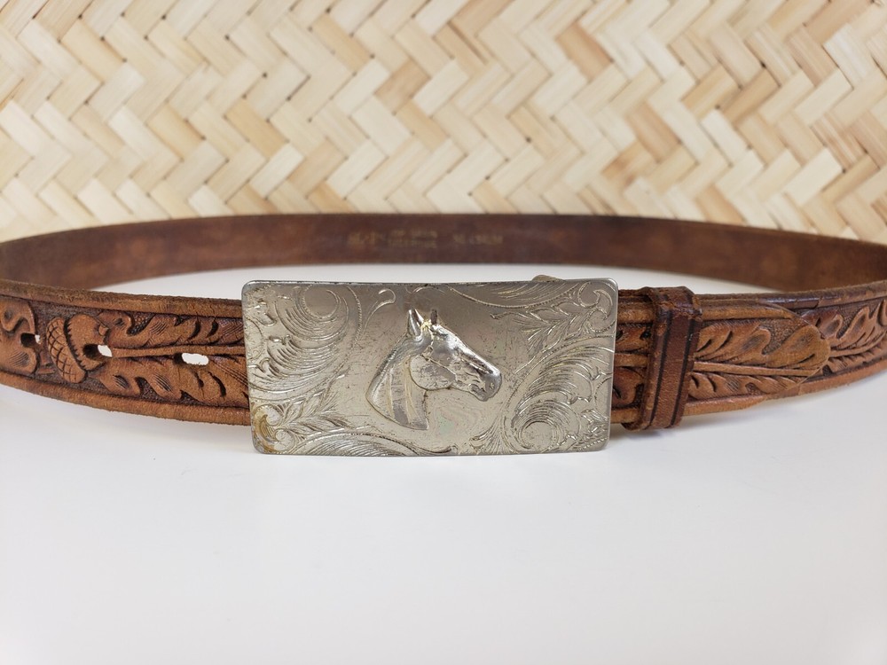 Vtg Sears Hand Tooled Western Acorn Leather Belt w Rockmount Denver CO Buckle