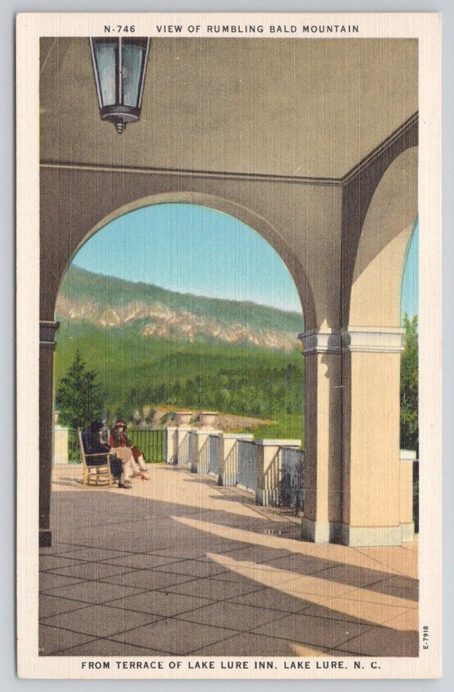 Lake Lure Inn Terrace View Rumbling Bald Mountain NC Linen Postcard