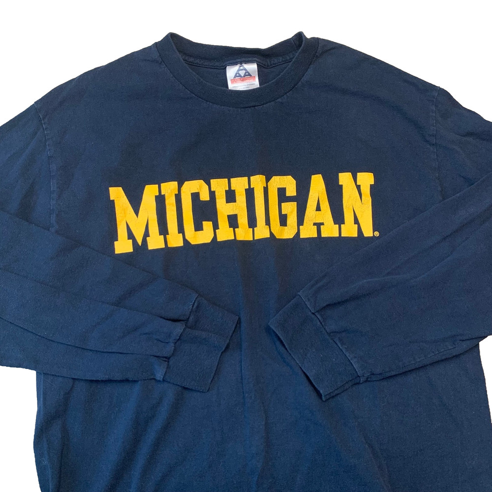 Vintage Michigan Wolverines Shirt Men's Large Blue Logo College NCAA Long Sleeve