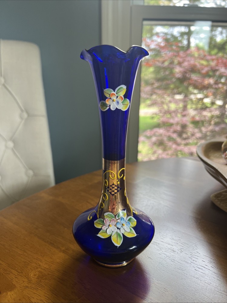 Vintage ENESCO Cobalt Blue Glass Vase Handpainted & Gold Floral Design Japan 8