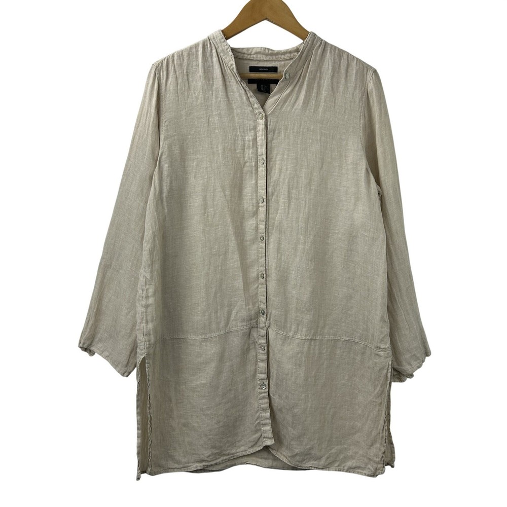Tahari Tunic Shirt Womens Large Tan Beige 100%  Linen Button Up Mandarin Collar